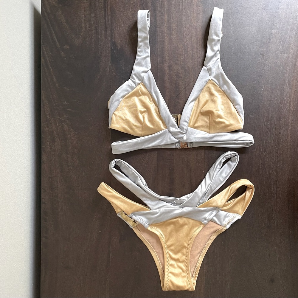 🆕 Les Canebiers Palmier Metallic Silver & Gold Strappy Bikini Top & Bottom